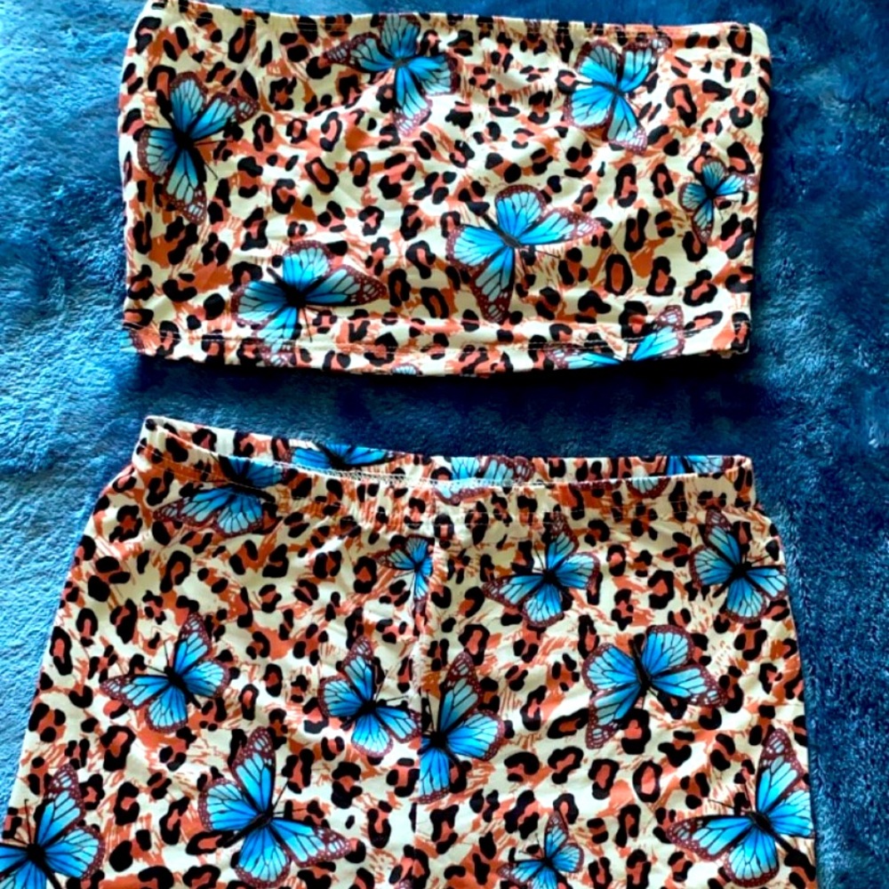 Cheetah print with blue butterfly two-piece set
